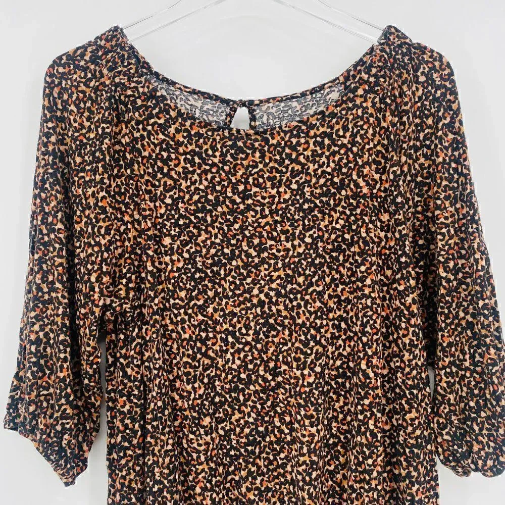 LOFT Size Small Tan & Black Cheetah Print 3/4 Sleeve Jersey Knit Blouse Top